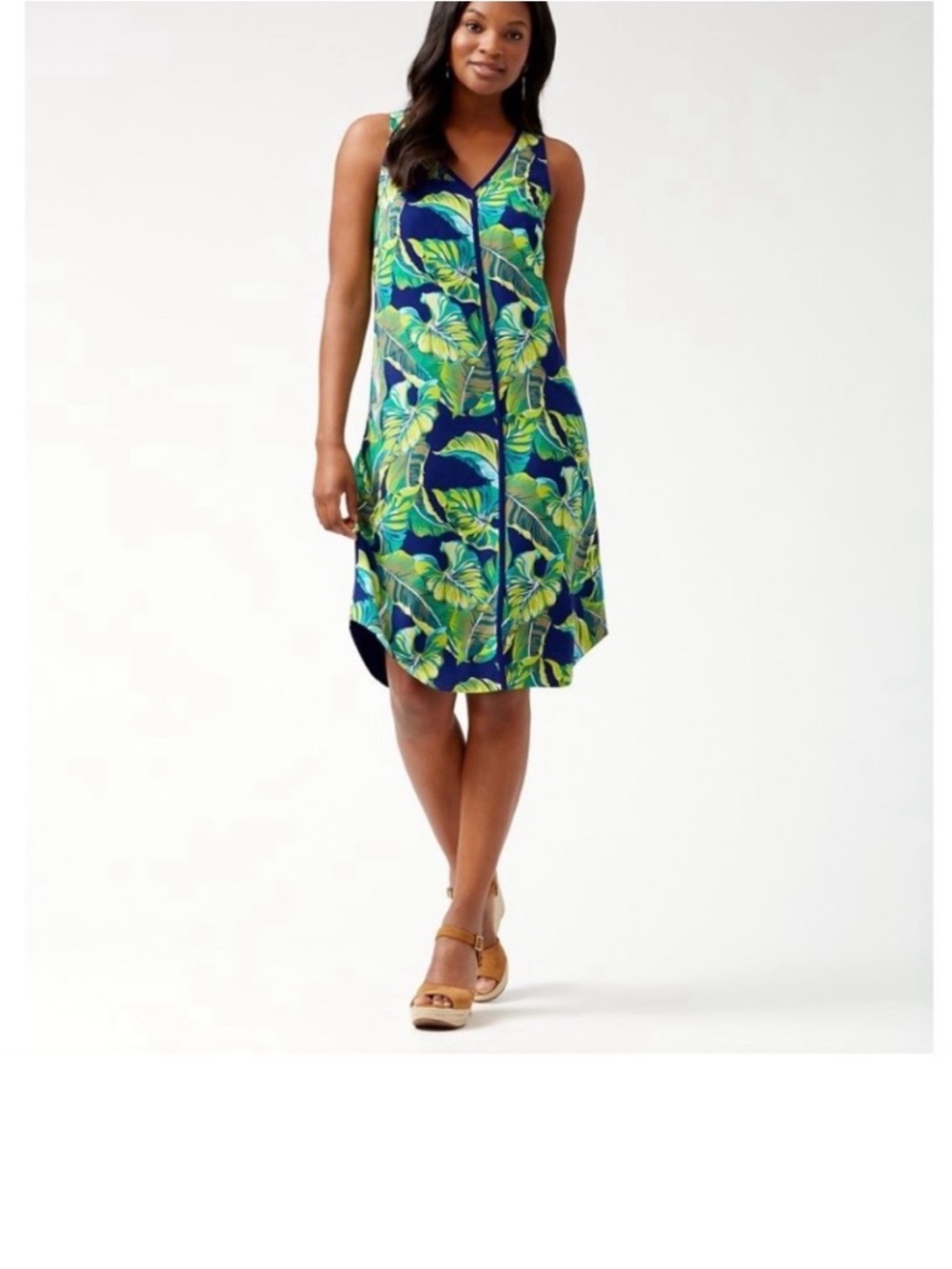 Tommy Bahama Navy Green Tropical Leaf Sundress